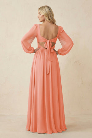 Long Sleeve V - Neck A - Line Chiffon Bridesmaid Dress in Rosette - KissProm Bridesmaid Dresses