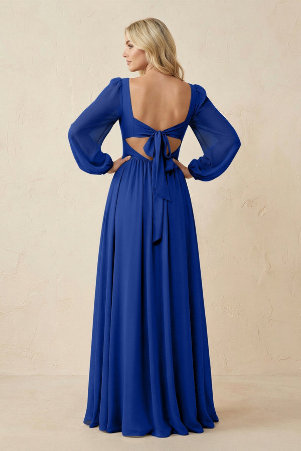 Long Sleeve V - Neck A - Line Chiffon Bridesmaid Dress in Royal Blue - KissProm Bridesmaid Dresses