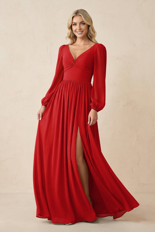 Long Sleeve V - Neck A - Line Chiffon Bridesmaid Dress in Ruby Red - KissProm Bridesmaid Dresses