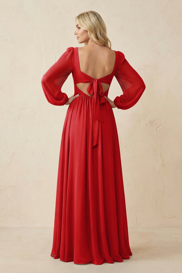 Long Sleeve V - Neck A - Line Chiffon Bridesmaid Dress in Ruby Red - KissProm Bridesmaid Dresses