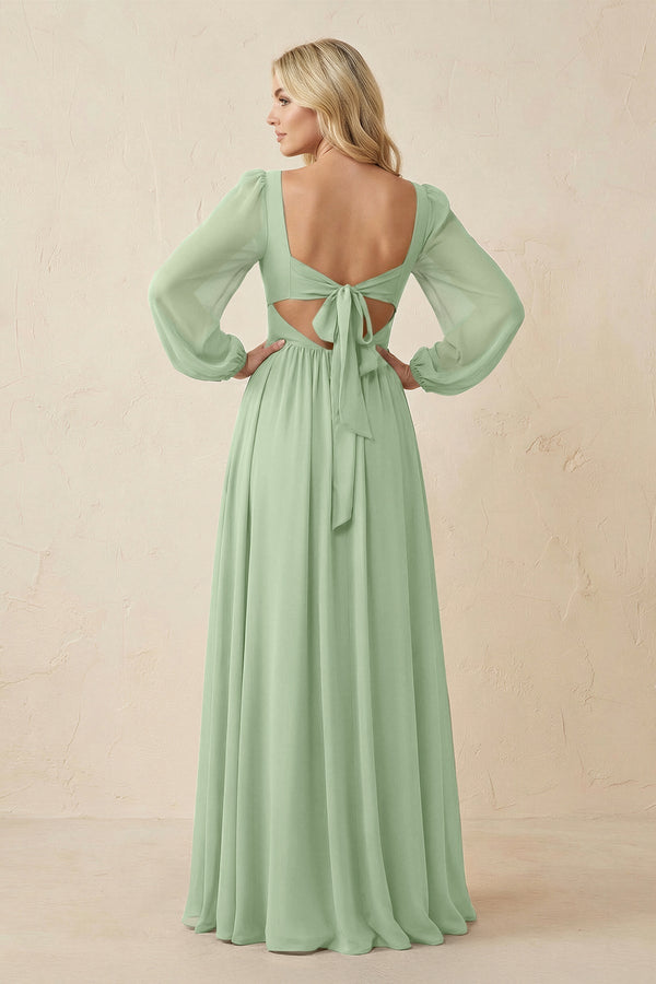 Long Sleeve V - Neck A - Line Chiffon Bridesmaid Dress in Sage - KissProm Bridesmaid Dresses