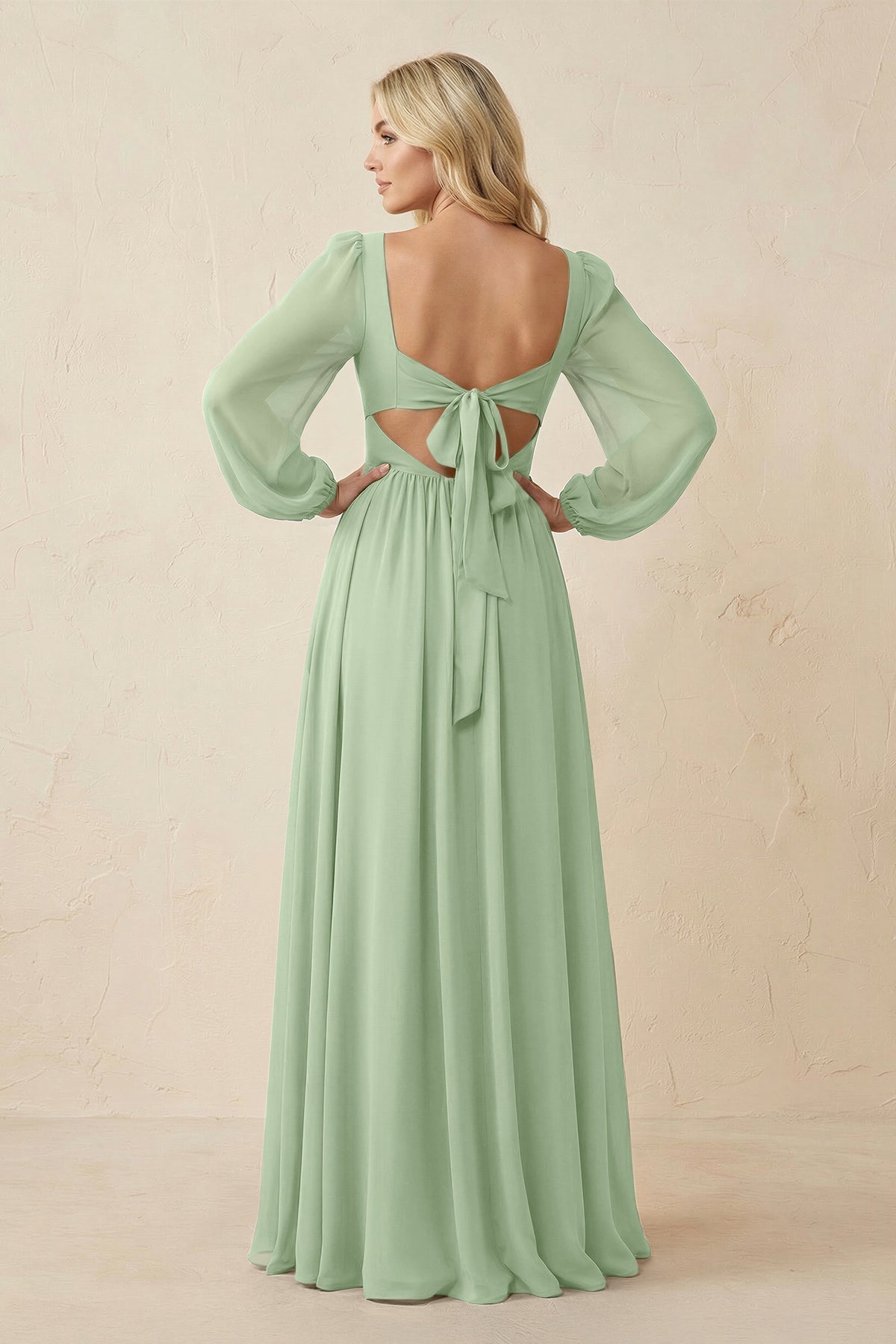 KissProm | Long Sleeve V-Neck A-Line Chiffon Bridesmaid Dress in Sage