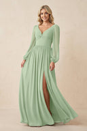 Long Sleeve V - Neck A - Line Chiffon Bridesmaid Dress in Sage - KissProm Bridesmaid Dresses
