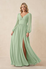 Long Sleeve V - Neck A - Line Chiffon Bridesmaid Dress in Sage - KissProm Bridesmaid Dresses