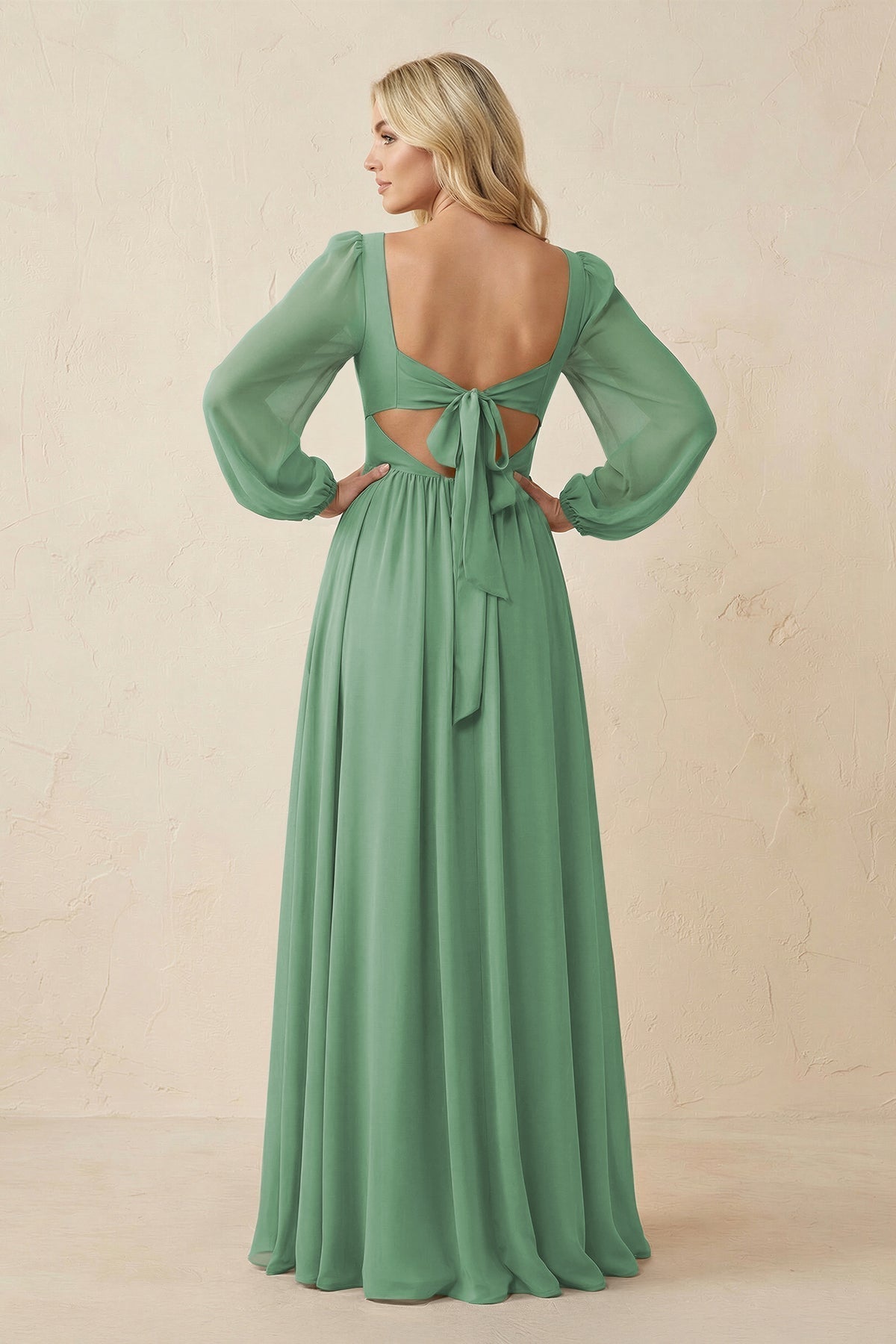 KissProm Long Sleeve V-Neck A-Line Chiffon Bridesmaid Dress in Sea Glass, Sea Glass / 16