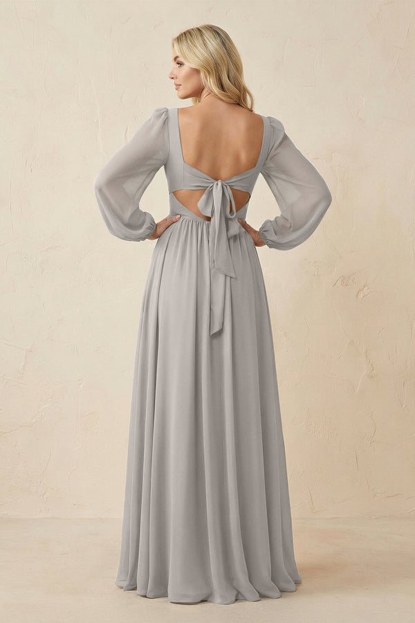 Long Sleeve V - Neck A - Line Chiffon Bridesmaid Dress in Silver - KissProm Bridesmaid Dresses