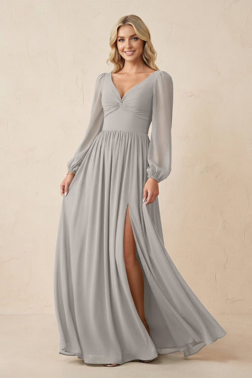 Long Sleeve V - Neck A - Line Chiffon Bridesmaid Dress in Silver - KissProm Bridesmaid Dresses