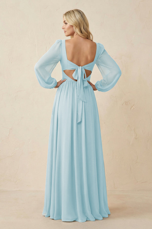 Long Sleeve V - Neck A - Line Chiffon Bridesmaid Dress in Sky Blue - KissProm Bridesmaid Dresses