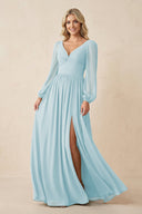 Long Sleeve V - Neck A - Line Chiffon Bridesmaid Dress in Sky Blue - KissProm Bridesmaid Dresses