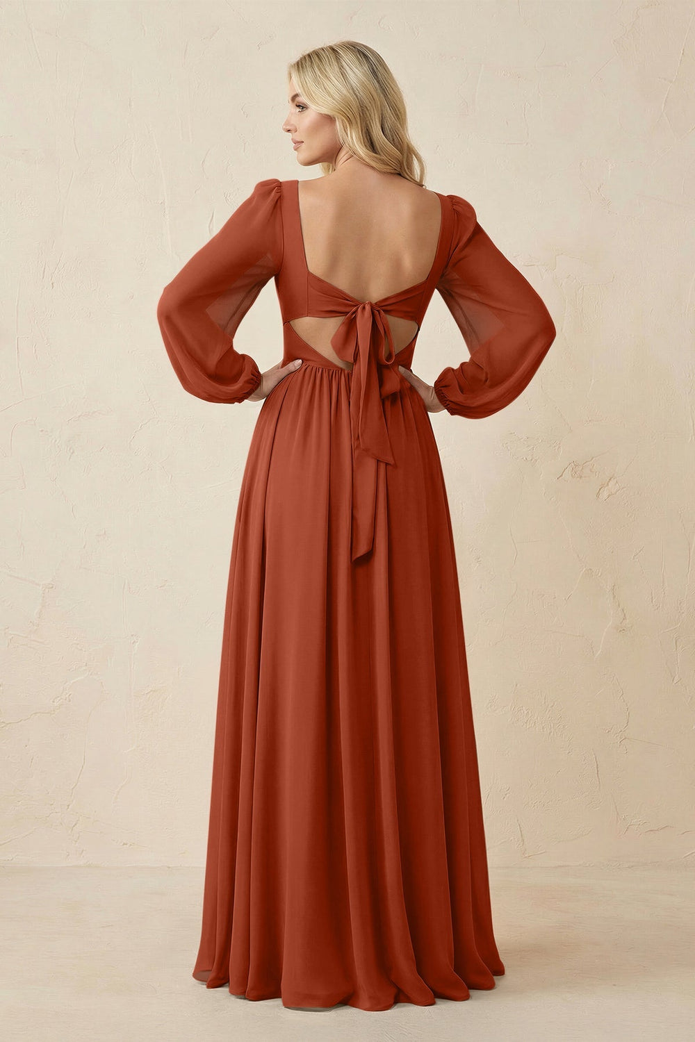 Long Sleeve V - Neck A - Line Chiffon Bridesmaid Dress in Spice - KissProm Bridesmaid Dresses