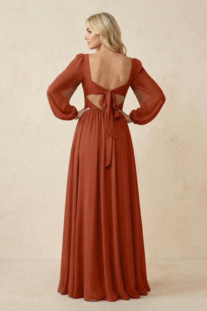 Long Sleeve V - Neck A - Line Chiffon Bridesmaid Dress in Spice - KissProm Bridesmaid Dresses