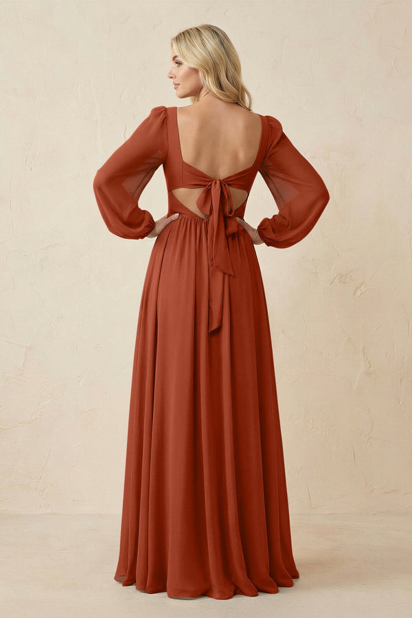 Long Sleeve V - Neck A - Line Chiffon Bridesmaid Dress in Spice - KissProm Bridesmaid Dresses
