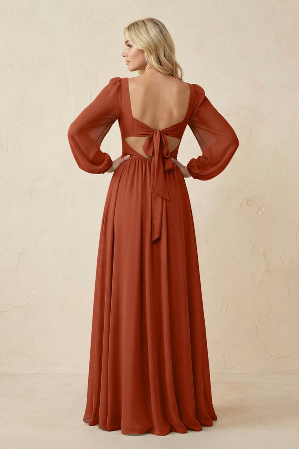 Long Sleeve V - Neck A - Line Chiffon Bridesmaid Dress in Spice - KissProm Bridesmaid Dresses