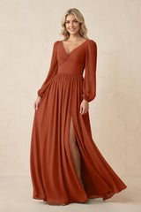 Long Sleeve V - Neck A - Line Chiffon Bridesmaid Dress in Spice - KissProm Bridesmaid Dresses