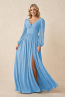 Long Sleeve V - Neck A - Line Chiffon Bridesmaid Dress in Steel Blue - KissProm Bridesmaid Dresses