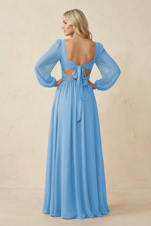 Long Sleeve V - Neck A - Line Chiffon Bridesmaid Dress in Steel Blue - KissProm Bridesmaid Dresses