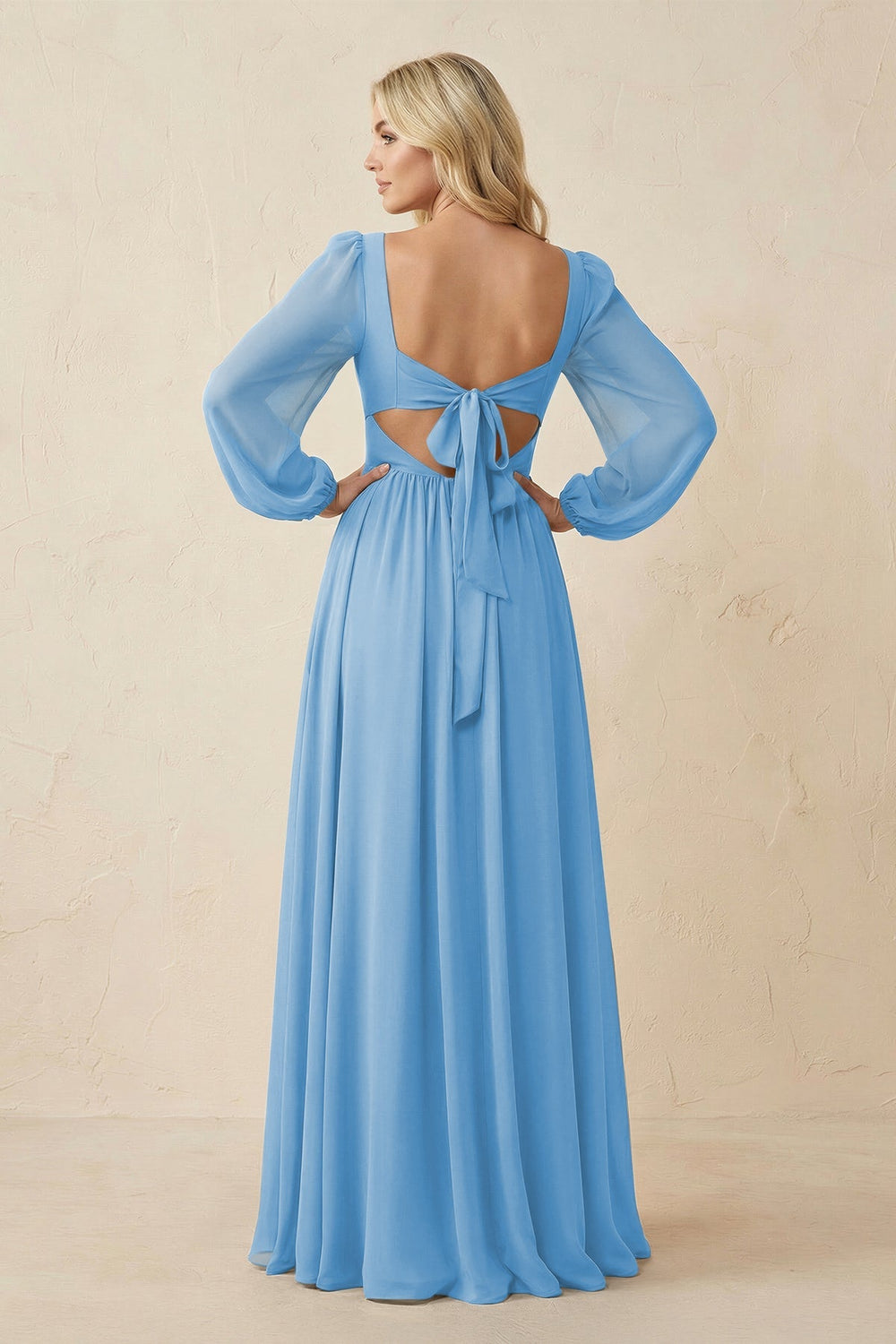 Long Sleeve V - Neck A - Line Chiffon Bridesmaid Dress in Steel Blue - KissProm Bridesmaid Dresses