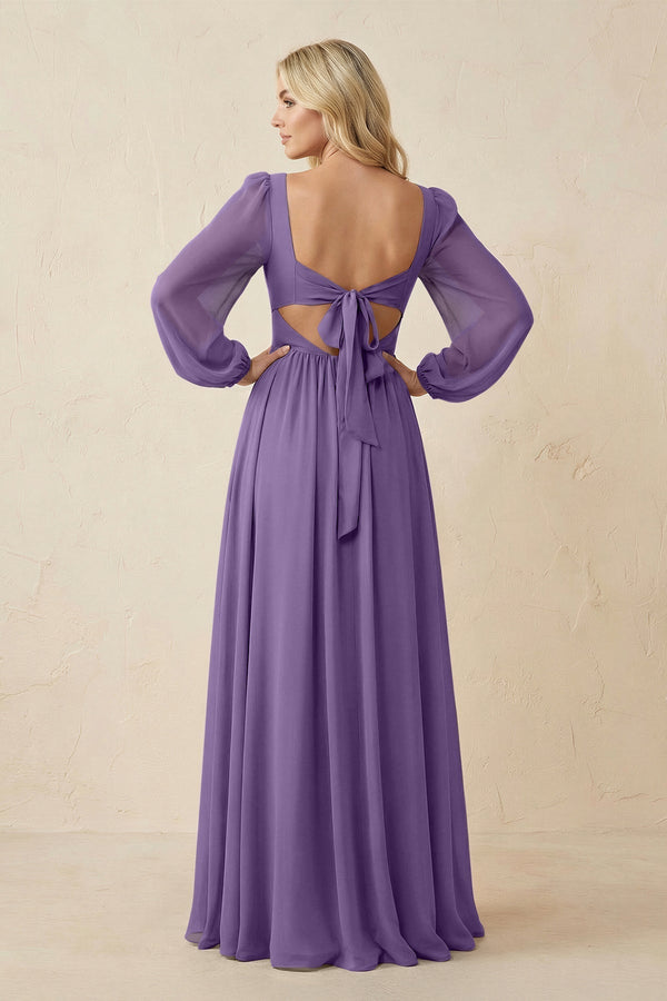 Long Sleeve V - Neck A - Line Chiffon Bridesmaid Dress in Tahiti - KissProm Bridesmaid Dresses