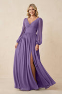 Long Sleeve V - Neck A - Line Chiffon Bridesmaid Dress in Tahiti - KissProm Bridesmaid Dresses