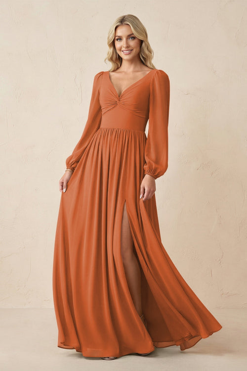 Long Sleeve V - Neck A - Line Chiffon Bridesmaid Dress in Terracotta - KissProm Bridesmaid Dresses
