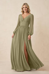 Long Sleeve V - Neck A - Line Chiffon Bridesmaid Dress in Thyme - KissProm Bridesmaid Dresses