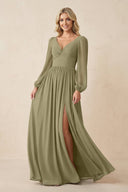 Long Sleeve V - Neck A - Line Chiffon Bridesmaid Dress in Thyme - KissProm Bridesmaid Dresses