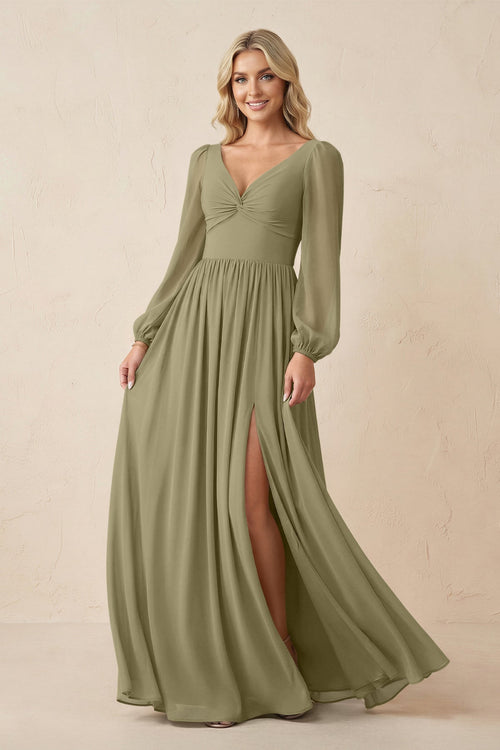 Long Sleeve V - Neck A - Line Chiffon Bridesmaid Dress in Thyme - KissProm Bridesmaid Dresses