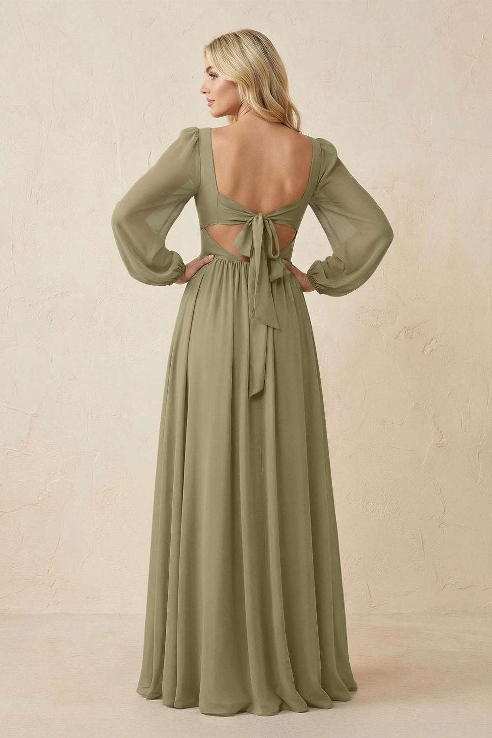 Long Sleeve V - Neck A - Line Chiffon Bridesmaid Dress in Thyme - KissProm Bridesmaid Dresses