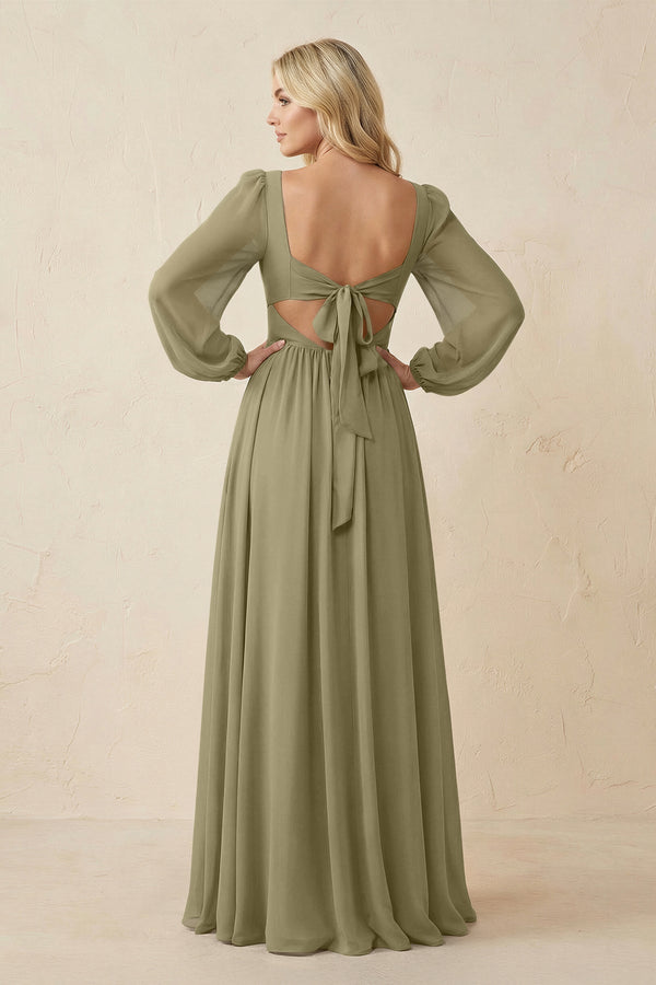 Long Sleeve V - Neck A - Line Chiffon Bridesmaid Dress in Thyme - KissProm Bridesmaid Dresses