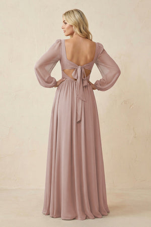 Long Sleeve V - Neck A - Line Chiffon Bridesmaid Dress in Toffee - KissProm Bridesmaid Dresses