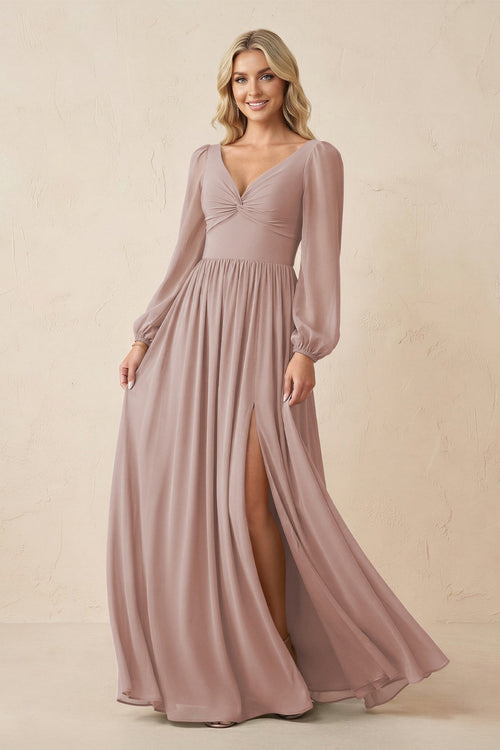 Long Sleeve V - Neck A - Line Chiffon Bridesmaid Dress in Toffee - KissProm Bridesmaid Dresses