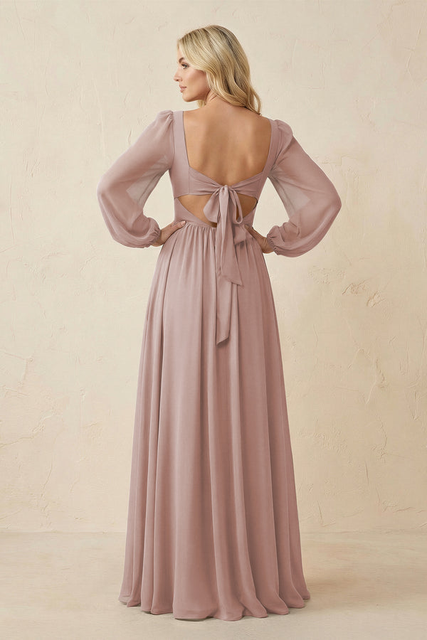 Long Sleeve V - Neck A - Line Chiffon Bridesmaid Dress in Toffee - KissProm Bridesmaid Dresses