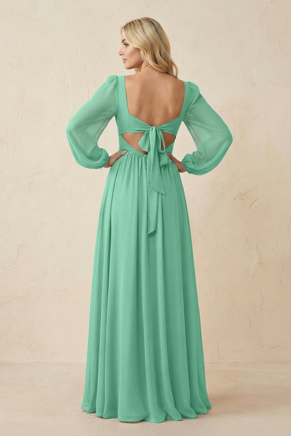 Long Sleeve V - Neck A - Line Chiffon Bridesmaid Dress in Turquoise - KissProm Bridesmaid Dresses