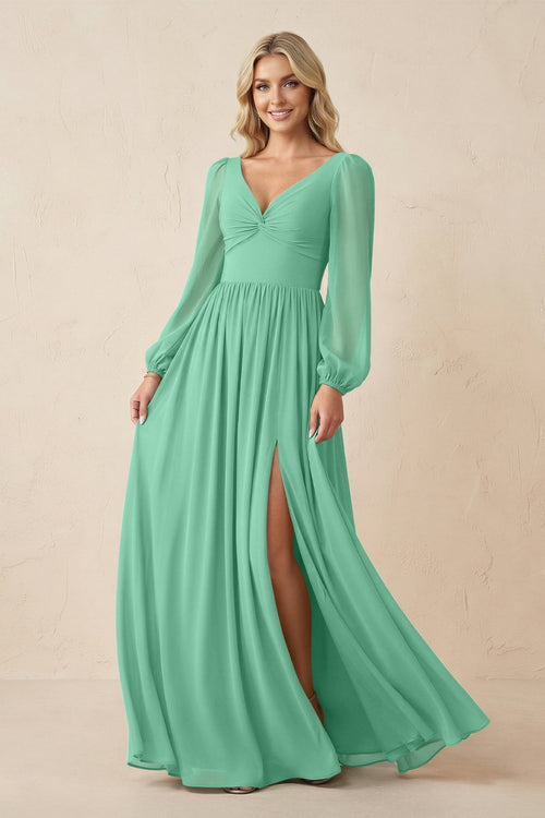 Long Sleeve V - Neck A - Line Chiffon Bridesmaid Dress in Turquoise - KissProm Bridesmaid Dresses