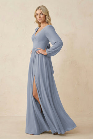 Long Sleeve V - Neck A - Line Chiffon Bridesmaid Dress in Twilight - KissProm Bridesmaid Dresses