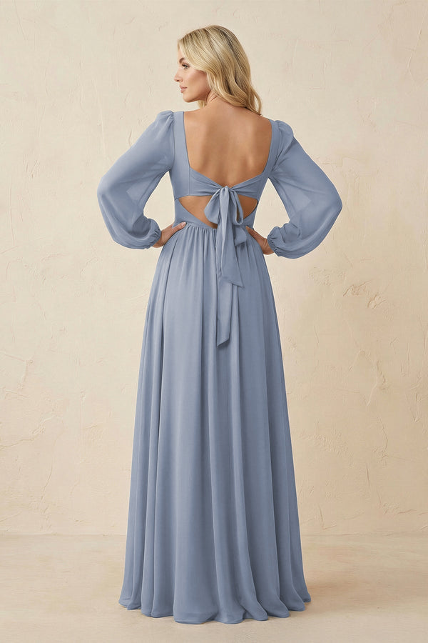 Long Sleeve V - Neck A - Line Chiffon Bridesmaid Dress in Twilight - KissProm Bridesmaid Dresses