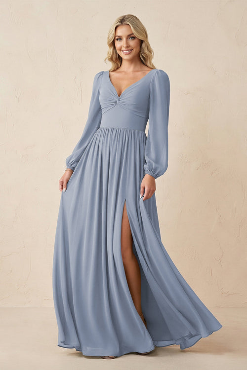 Long Sleeve V - Neck A - Line Chiffon Bridesmaid Dress in Twilight - KissProm Bridesmaid Dresses