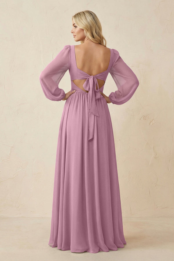 Long Sleeve V - Neck A - Line Chiffon Bridesmaid Dress in Vintage Mauve - KissProm Bridesmaid Dresses