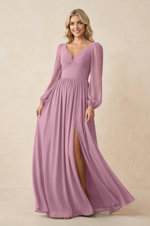 Long Sleeve V - Neck A - Line Chiffon Bridesmaid Dress in Vintage Mauve - KissProm Bridesmaid Dresses