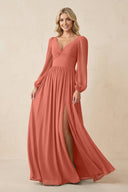 Long Sleeve V - Neck A - Line Chiffon Bridesmaid Dress in Wild Rose - KissProm Bridesmaid Dresses
