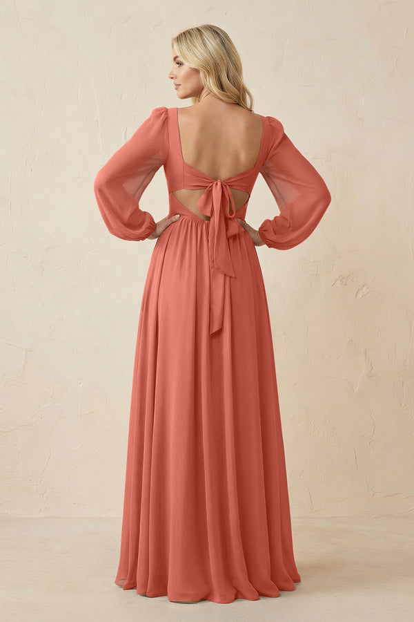 Long Sleeve V - Neck A - Line Chiffon Bridesmaid Dress in Wild Rose - KissProm Bridesmaid Dresses