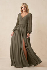 Long Sleeve V - Neck A - Line Chiffon Bridesmaid Dress in Willow Green - KissProm Bridesmaid Dresses