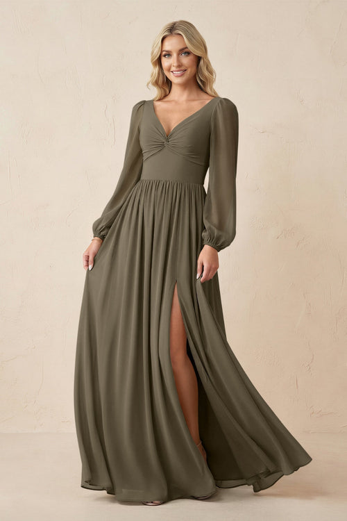 Long Sleeve V - Neck A - Line Chiffon Bridesmaid Dress in Willow Green - KissProm Bridesmaid Dresses