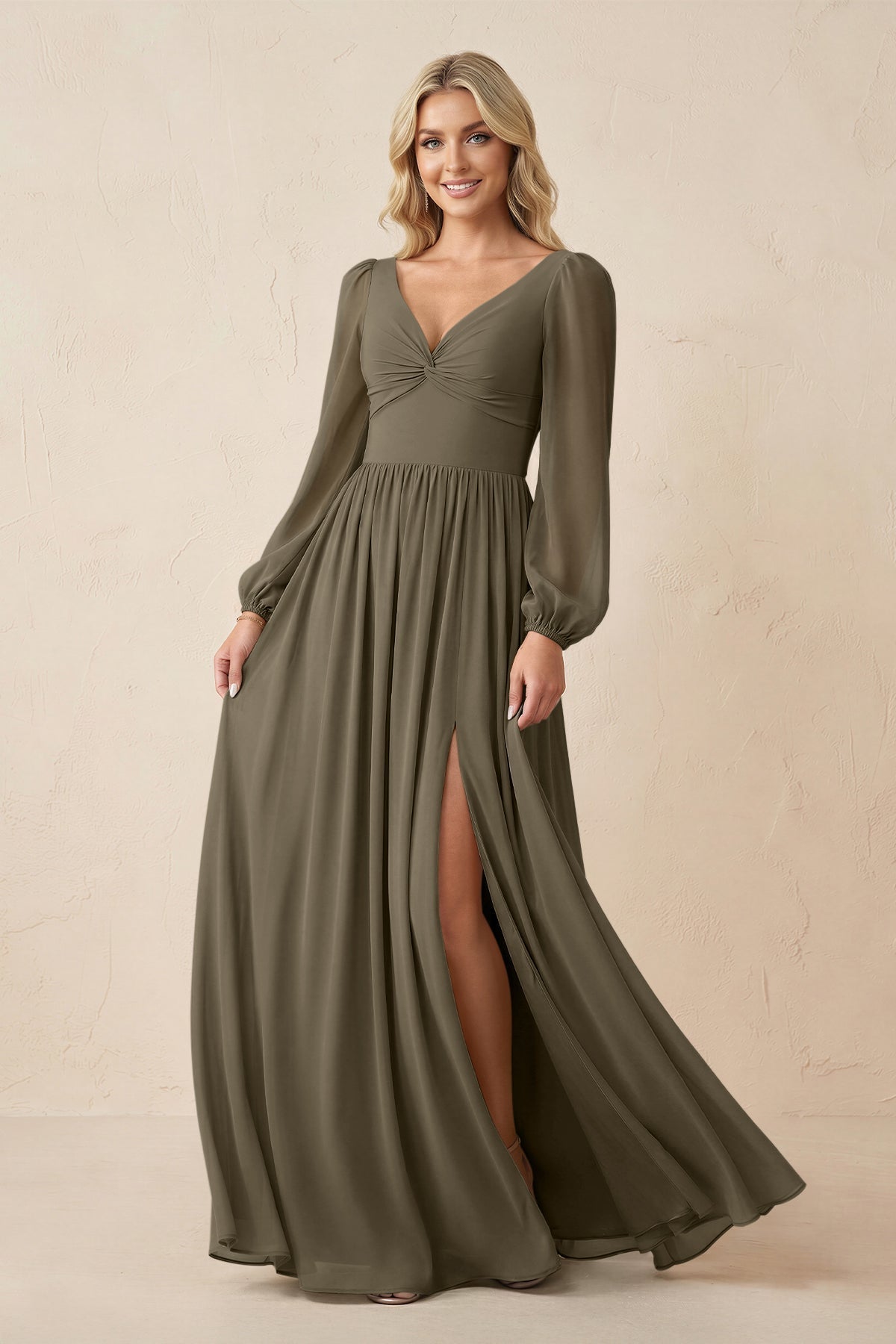 KissProm Long Sleeve V-Neck A-Line Chiffon Bridesmaid Dress in Willow Green, Willow Green / 0