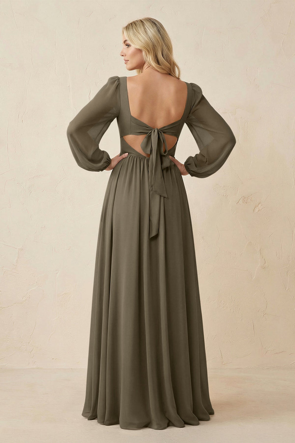 Long Sleeve V - Neck A - Line Chiffon Bridesmaid Dress in Willow Green - KissProm Bridesmaid Dresses