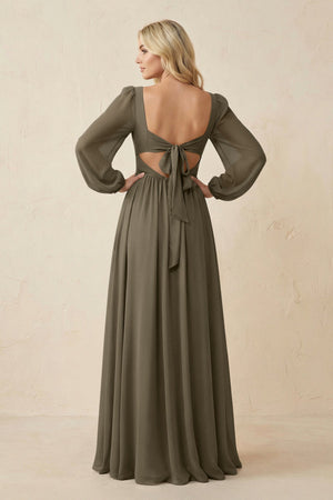 Long Sleeve V - Neck A - Line Chiffon Bridesmaid Dress in Willow Green - KissProm Bridesmaid Dresses