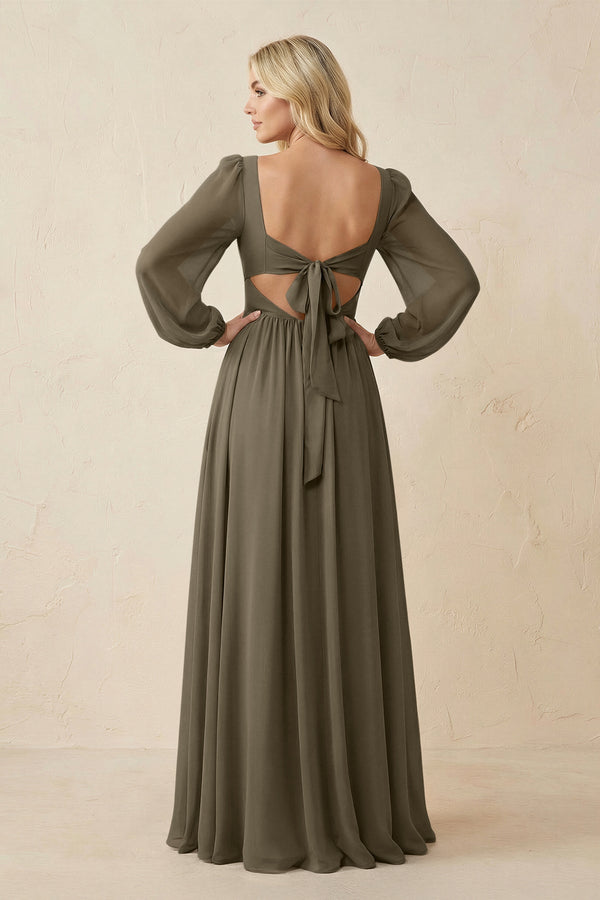 Long Sleeve V - Neck A - Line Chiffon Bridesmaid Dress in Willow Green - KissProm Bridesmaid Dresses