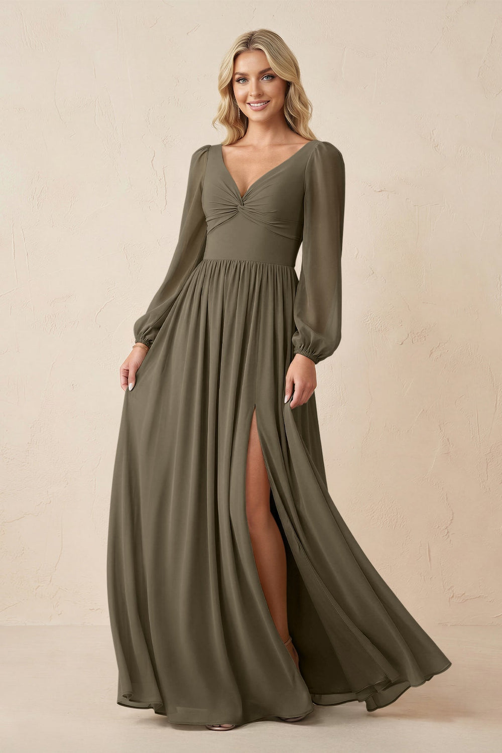 Long Sleeve V - Neck A - Line Chiffon Bridesmaid Dress in Willow Green - KissProm Bridesmaid Dresses