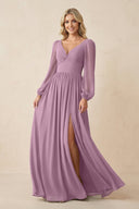 Long Sleeve V - Neck A - Line Chiffon Bridesmaid Dress in Wisteria - KissProm Bridesmaid Dresses
