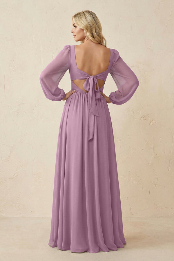 Long Sleeve V - Neck A - Line Chiffon Bridesmaid Dress in Wisteria - KissProm Bridesmaid Dresses